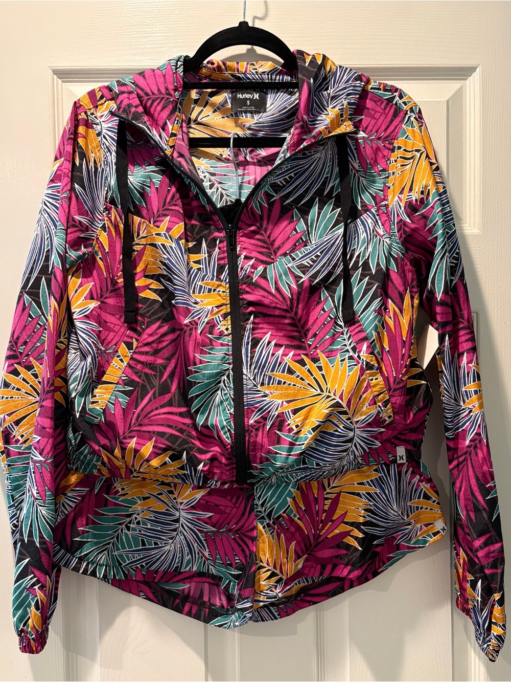 Hurley Magenta Tropical Palm Zip Hoodie with Teal and Yellow Accents